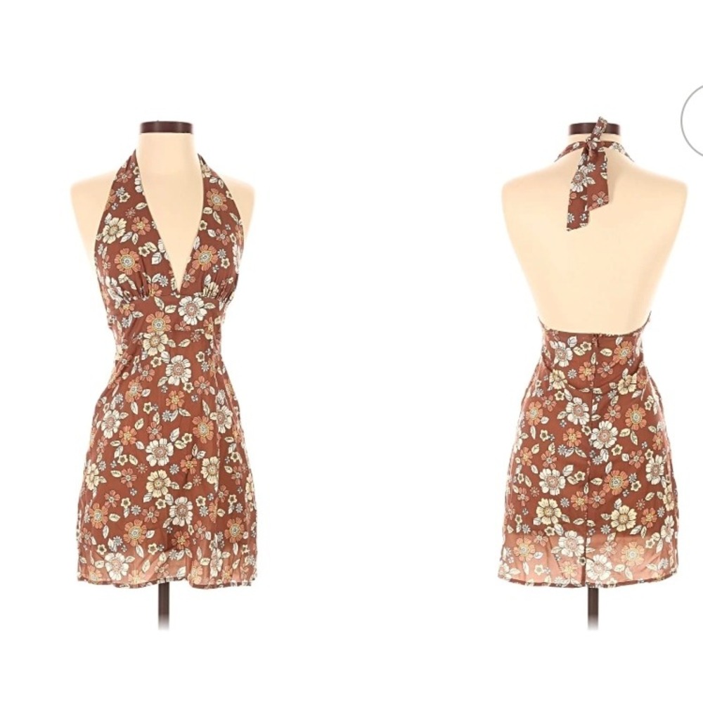 indie hippie Retro Floral Halter Neck Mini Dress Extra Large Brown